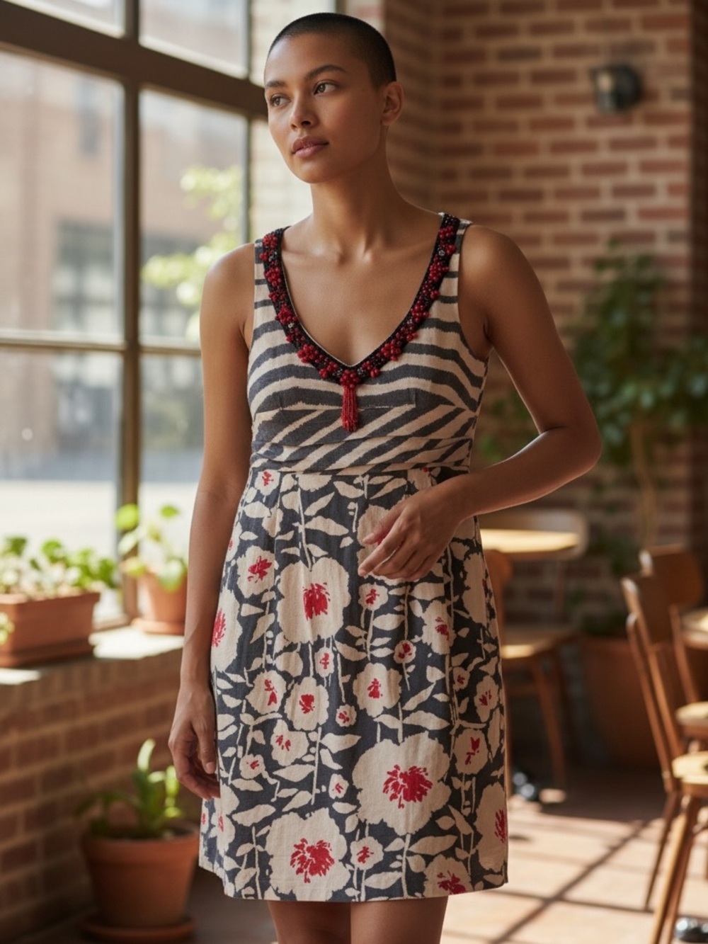 Vintage Nanette Lepore Beige, Black & Red Beaded Floral Mini Dress